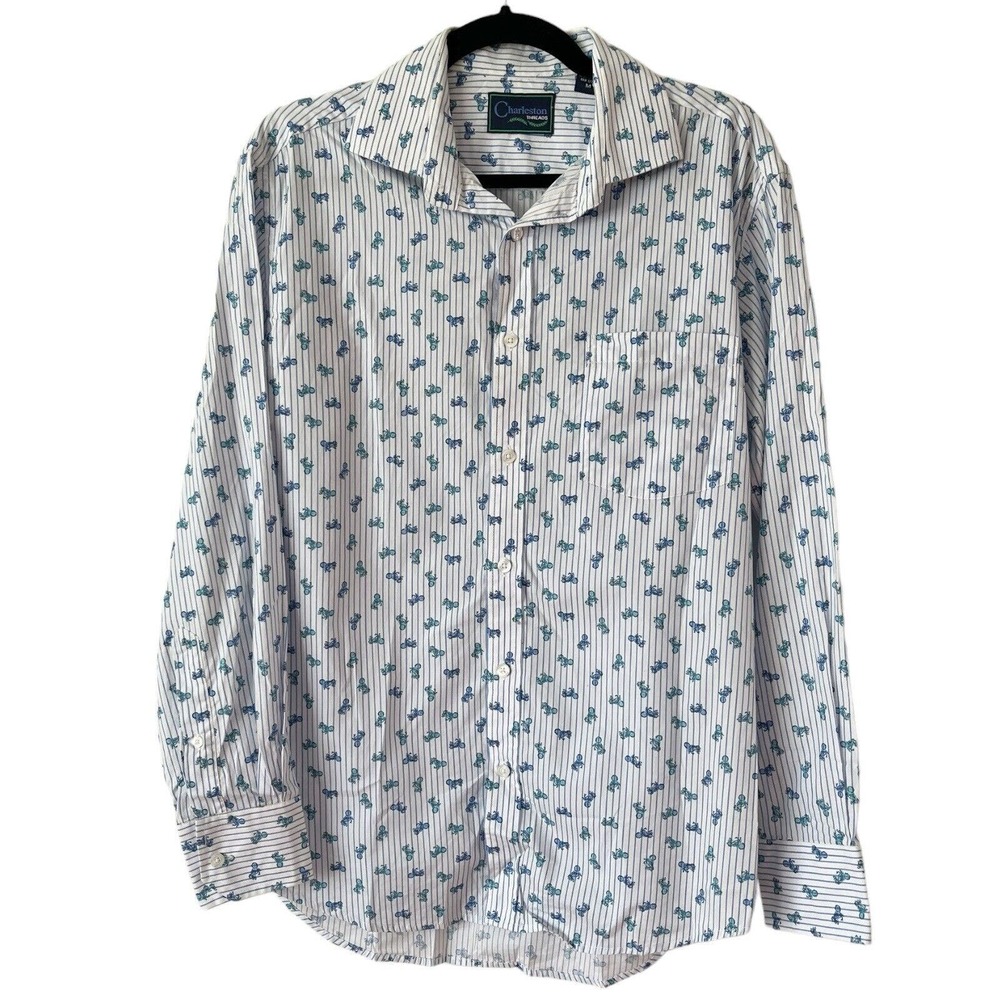 Charleston Threads Motorcycle Print Striped Button Up Shirt Sz Medium